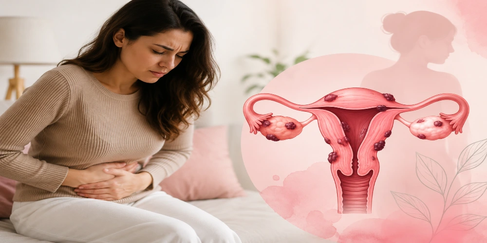 Woman experiencing pelvic pain with illustrated female reproductive system anatomy diagram